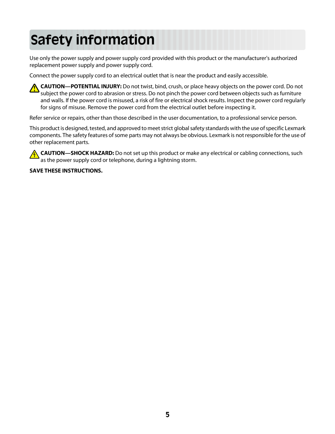 Lexmark Z2300 manual Safetyinformation, Save These Instructions 