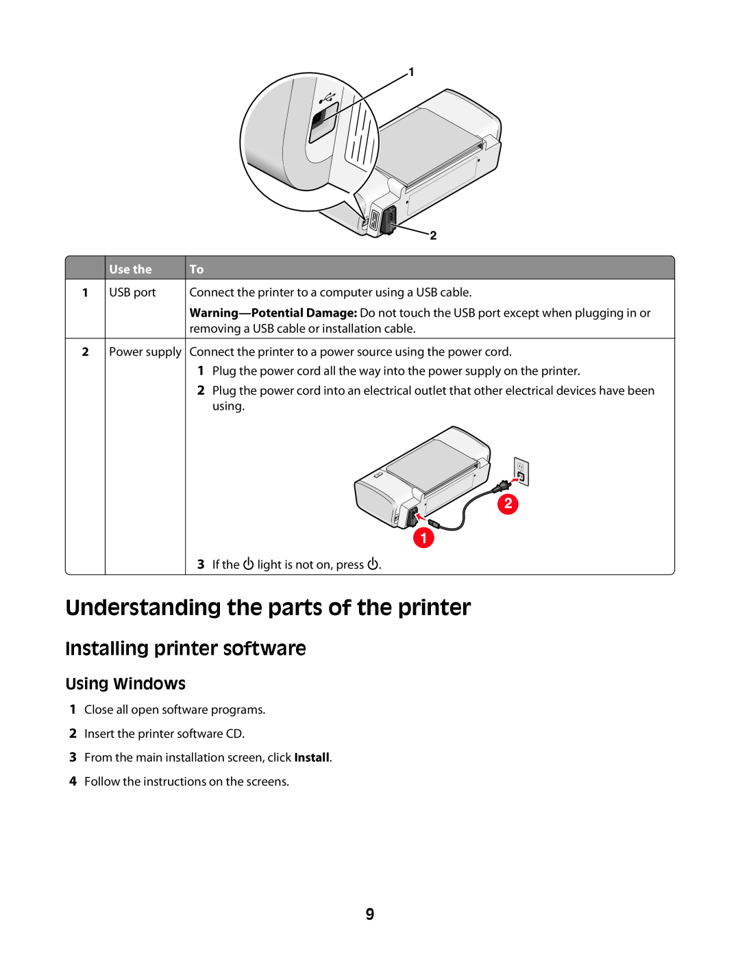 Lexmark Z2300 manual Installing printer software, Using Windows, Understanding the parts of the printer, Use the 