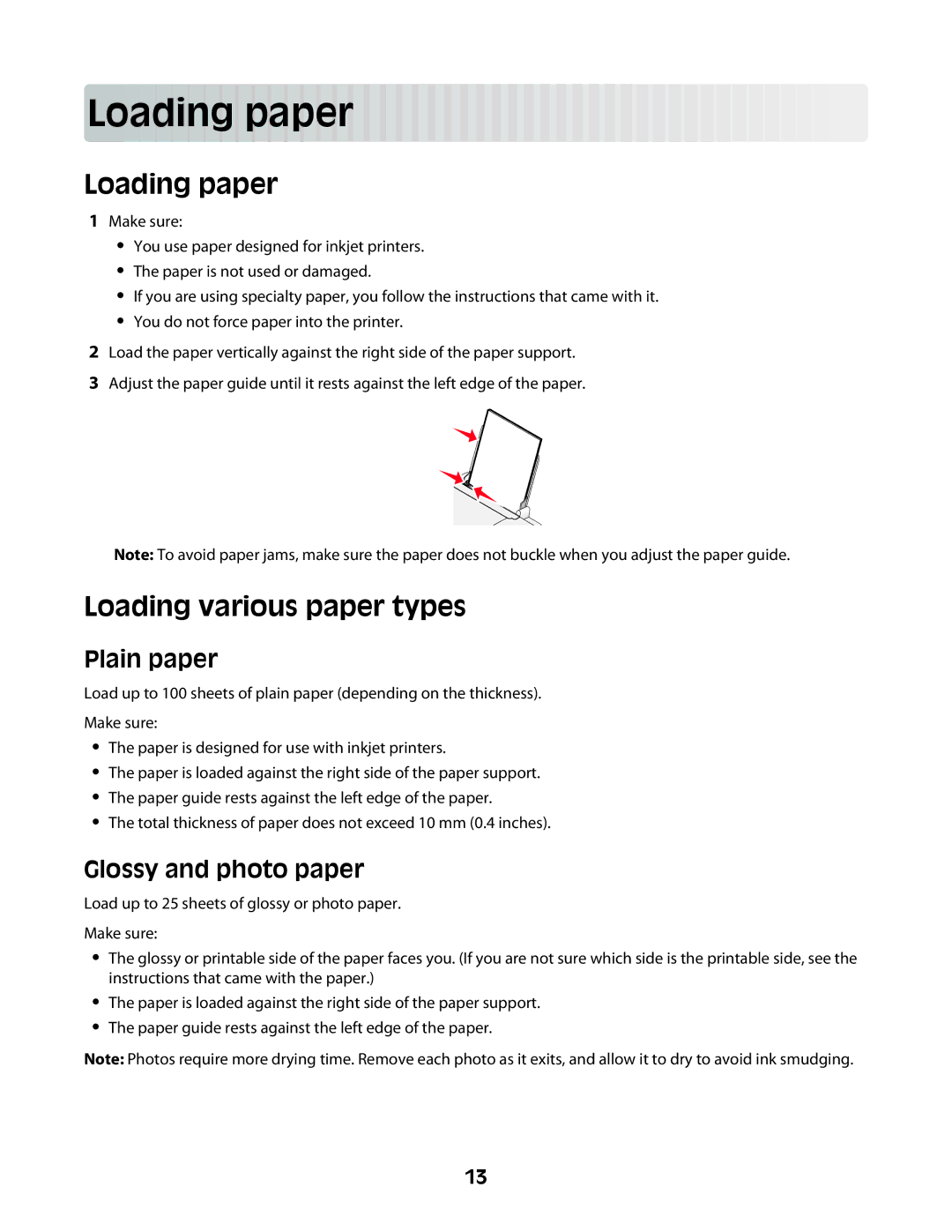 Lexmark Z2300 manual Load in g pape r, Loading paper, Loading various paper types, Plain paper, Glossy and photo paper 