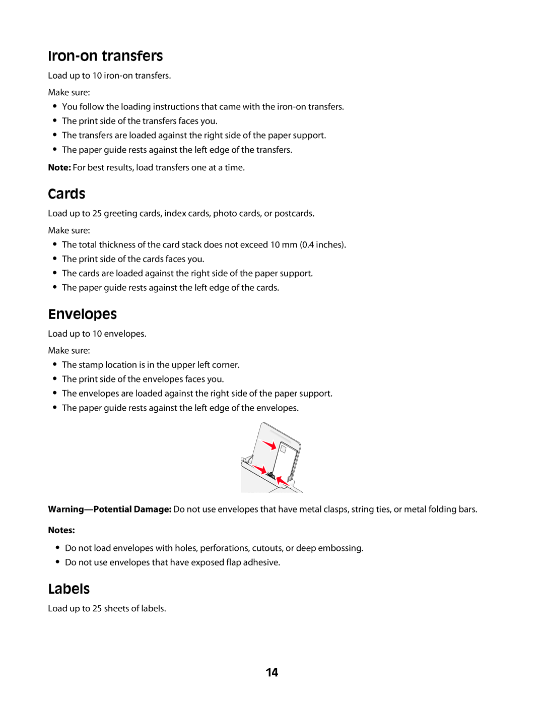 Lexmark Z2300 manual Iron-on transfers, Cards, Envelopes, Labels 