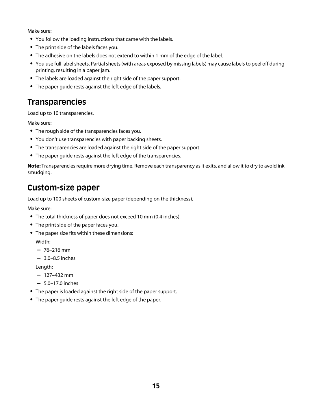 Lexmark Z2300 manual Transparencies, Custom-size paper 