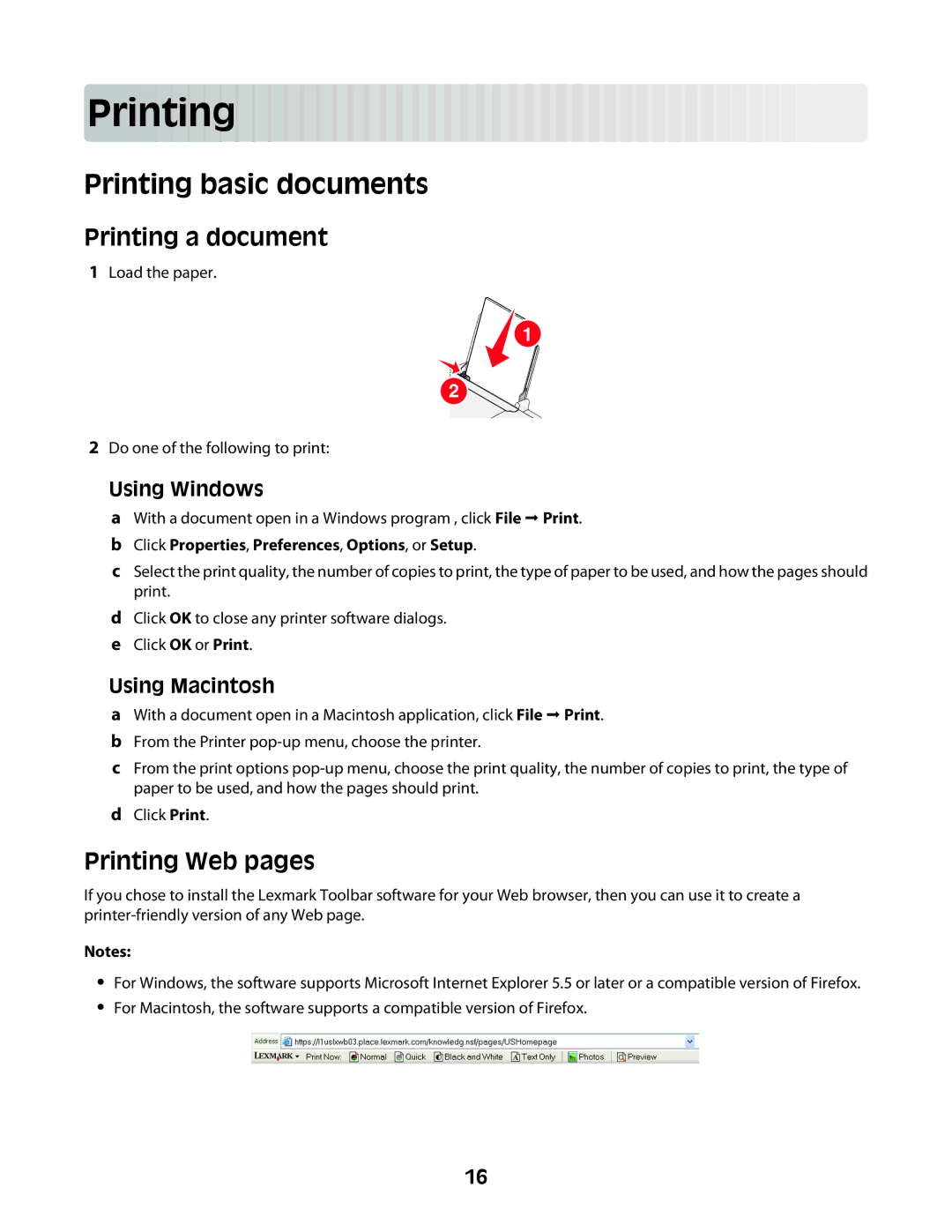 Lexmark Z2300 manual Prin ting, Printing basic documents, Printing a document, Printing Web pages 