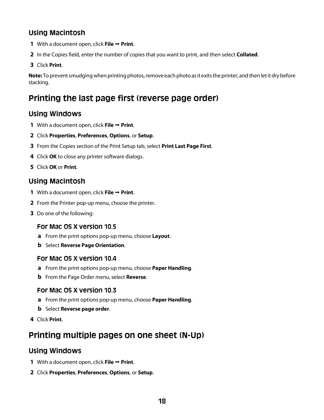 Lexmark Z2300 manual Printing the last page first reverse page order, Printing multiple pages on one sheet N-Up 