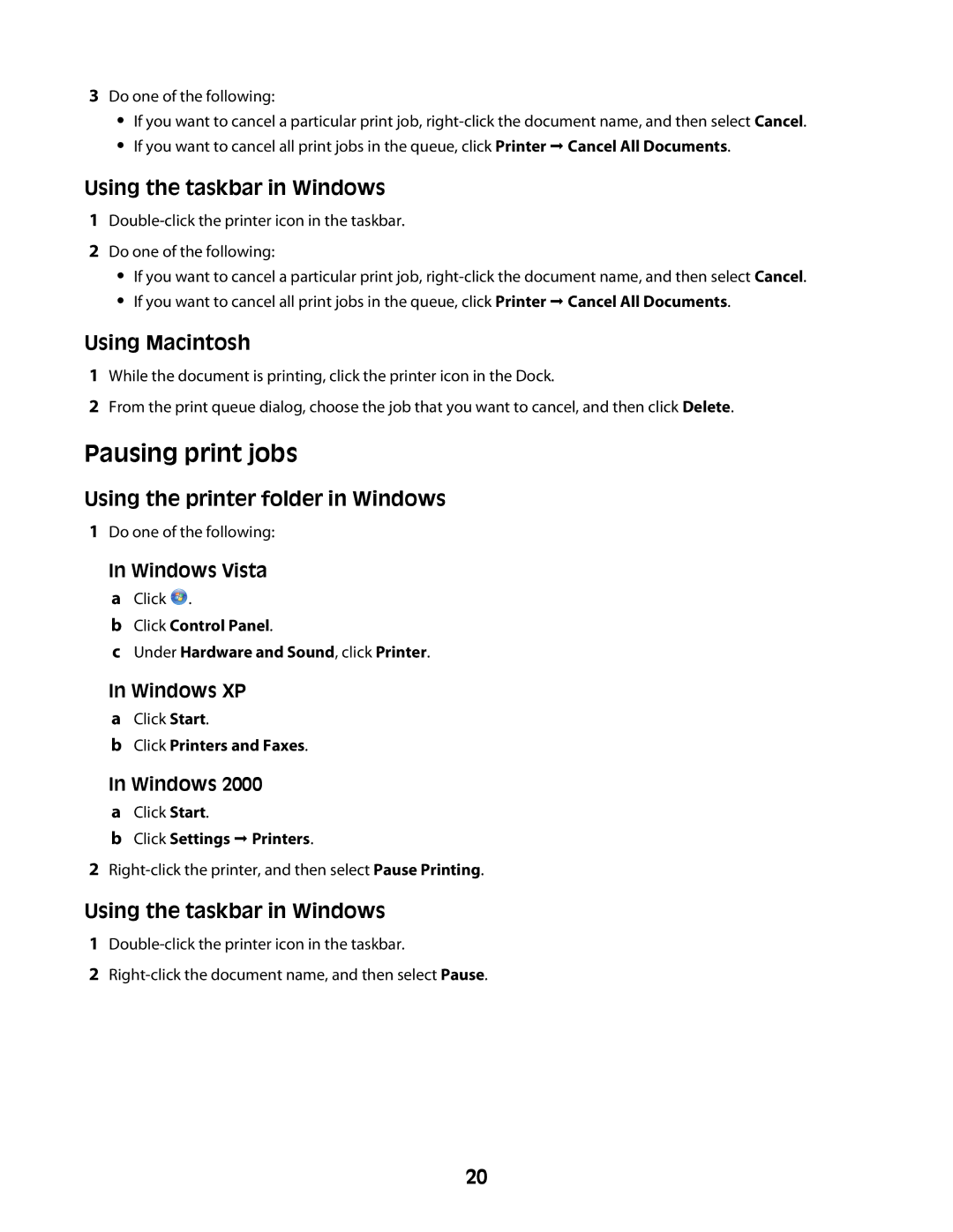 Lexmark Z2300 manual Pausing print jobs, Click Control Panel Under Hardware and Sound, click Printer 