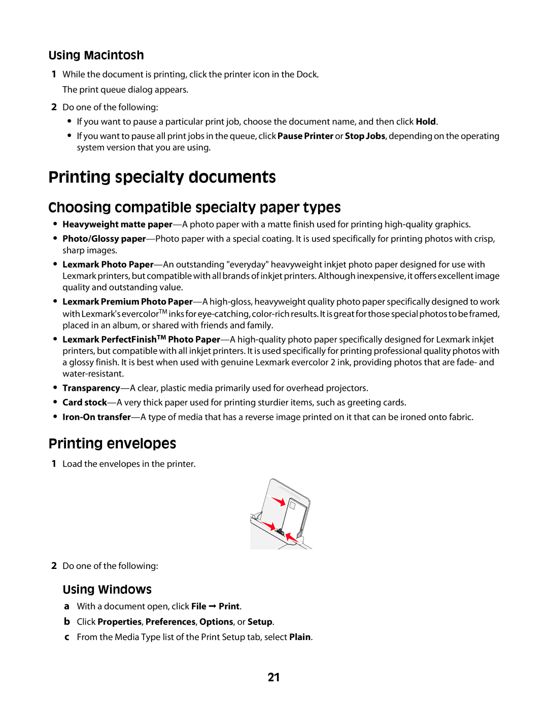 Lexmark Z2300 manual Printing specialty documents, Choosing compatible specialty paper types, Printing envelopes 