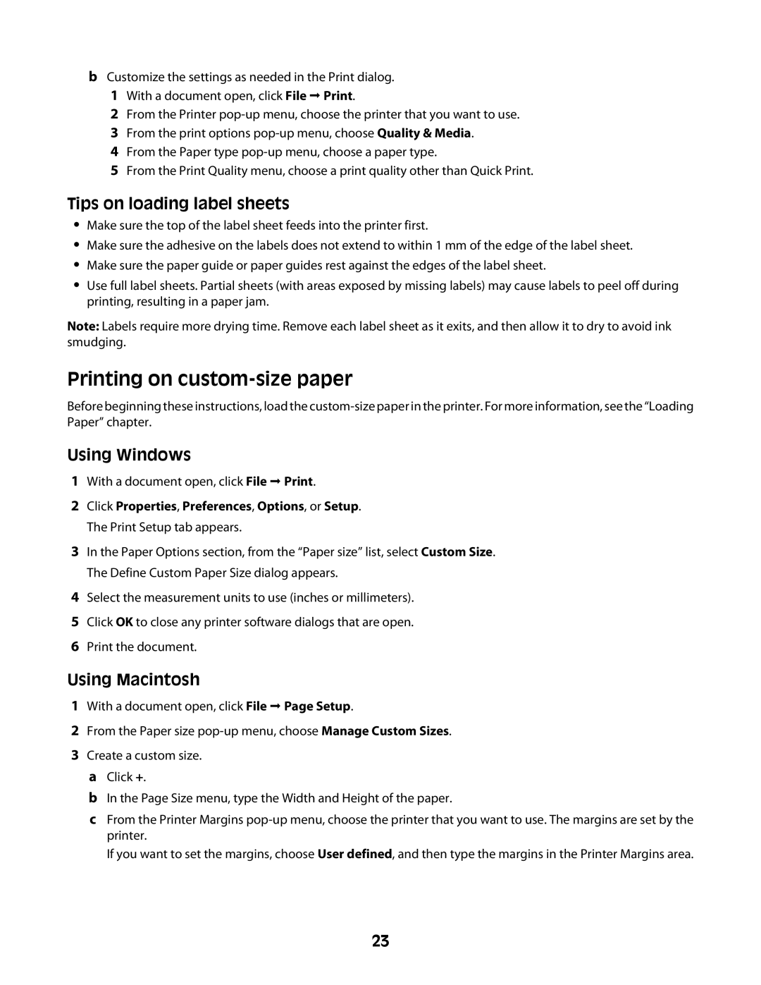 Lexmark Z2300 manual Printing on custom-size paper, Tips on loading label sheets 