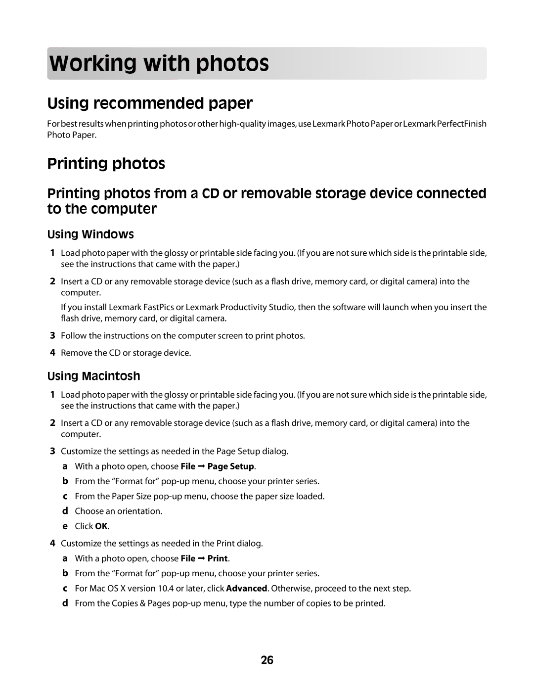 Lexmark Z2300 manual Working with p ho tos, Using recommended paper, Printing photos 