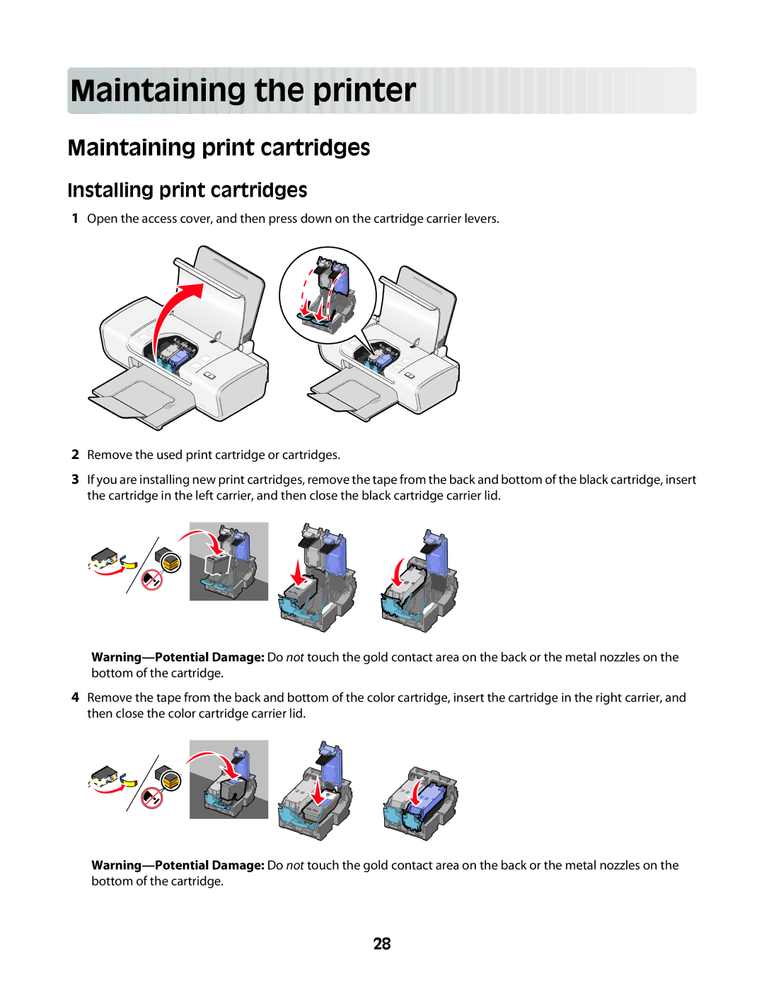 Lexmark Z2300 manual Main taining th e prin t er, Maintaining print cartridges, Installing print cartridges 