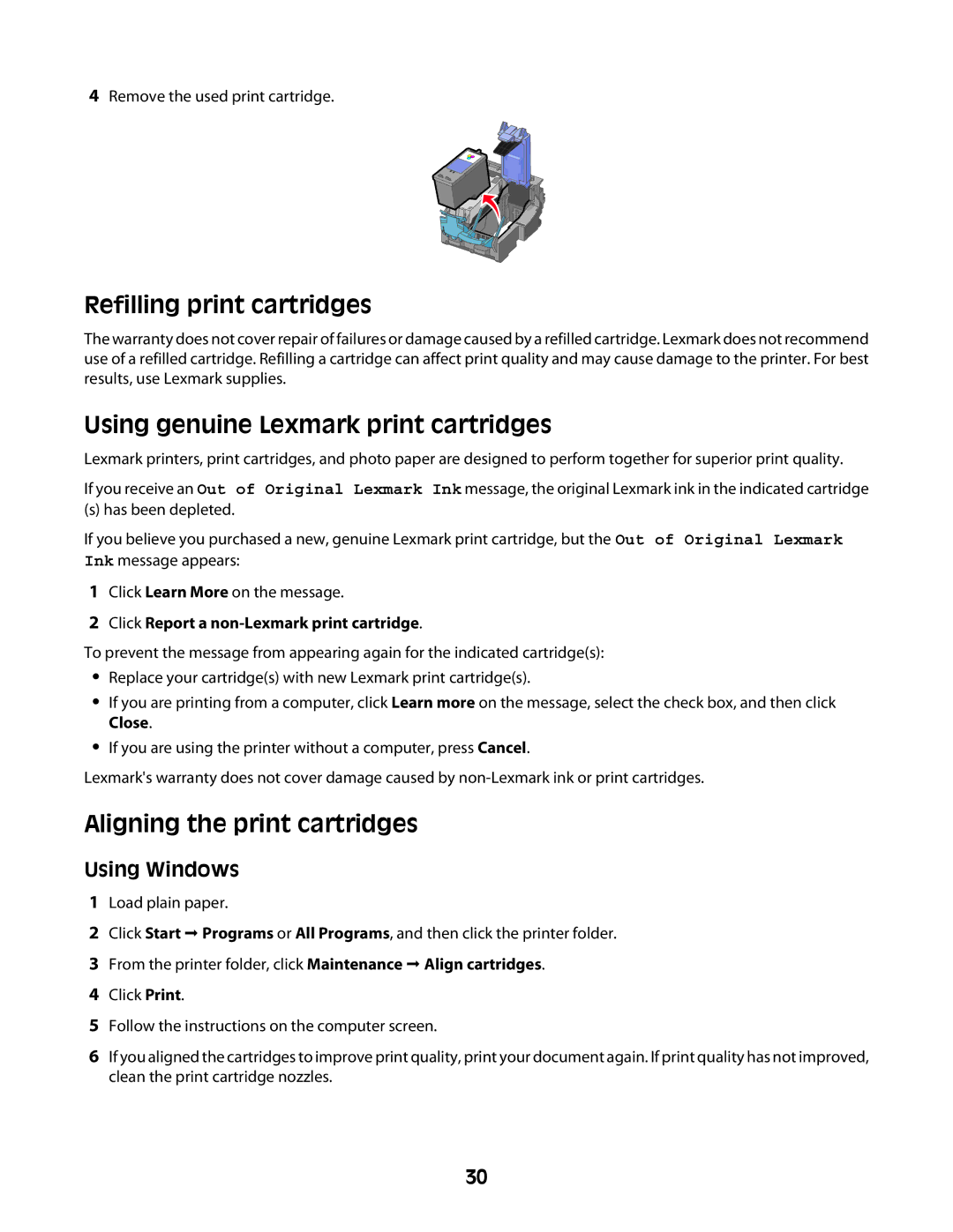 Lexmark Z2300 manual Refilling print cartridges, Using genuine Lexmark print cartridges, Aligning the print cartridges 