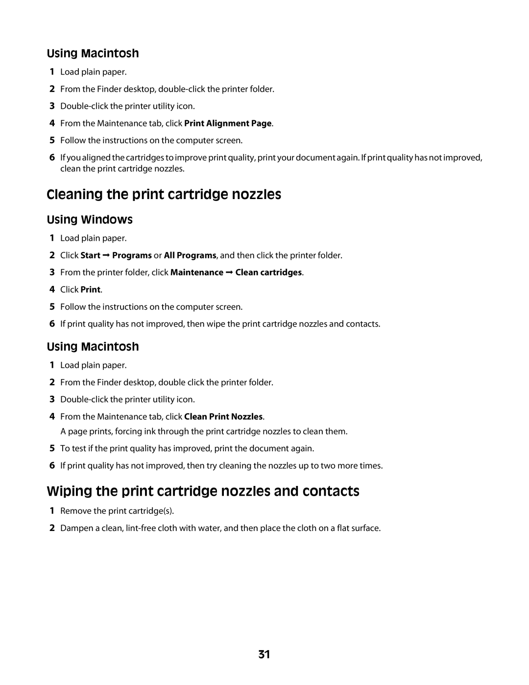 Lexmark Z2300 manual Cleaning the print cartridge nozzles, Wiping the print cartridge nozzles and contacts 