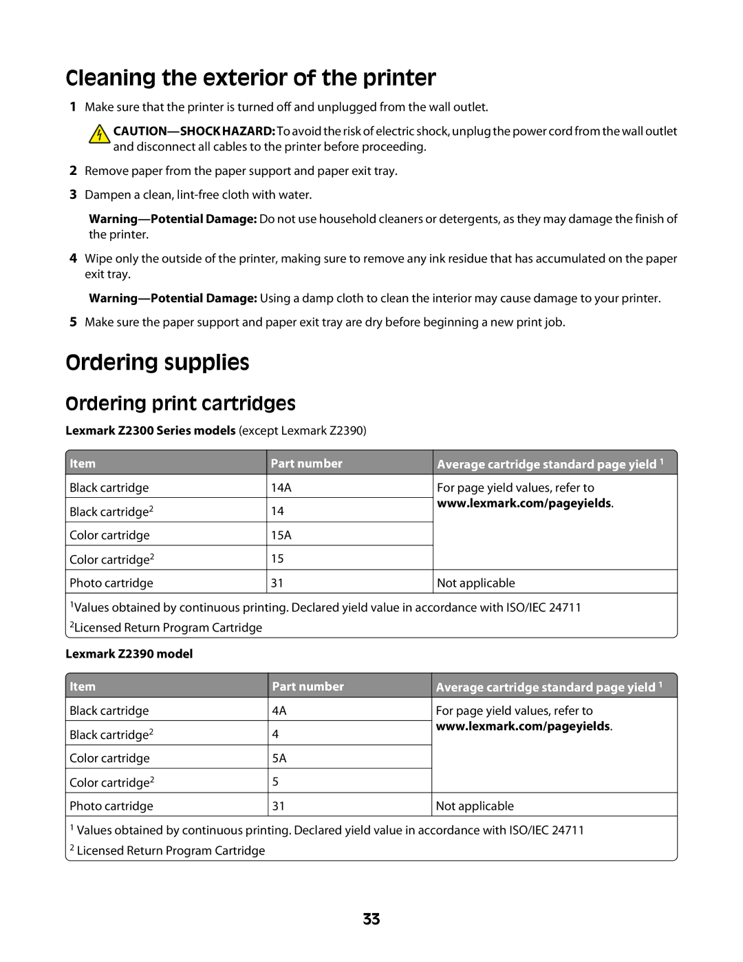 Lexmark Z2300 Cleaning the exterior of the printer, Ordering supplies, Ordering print cartridges, Lexmark Z2390 model 