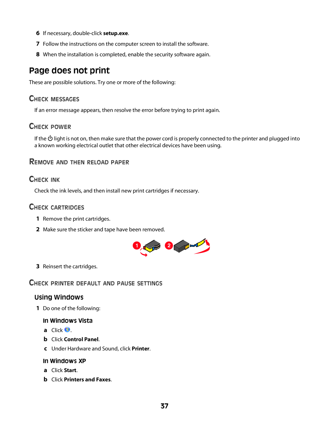 Lexmark Z2300 manual Does not print, Using Windows, Windows Vista a Click Click Control Panel 