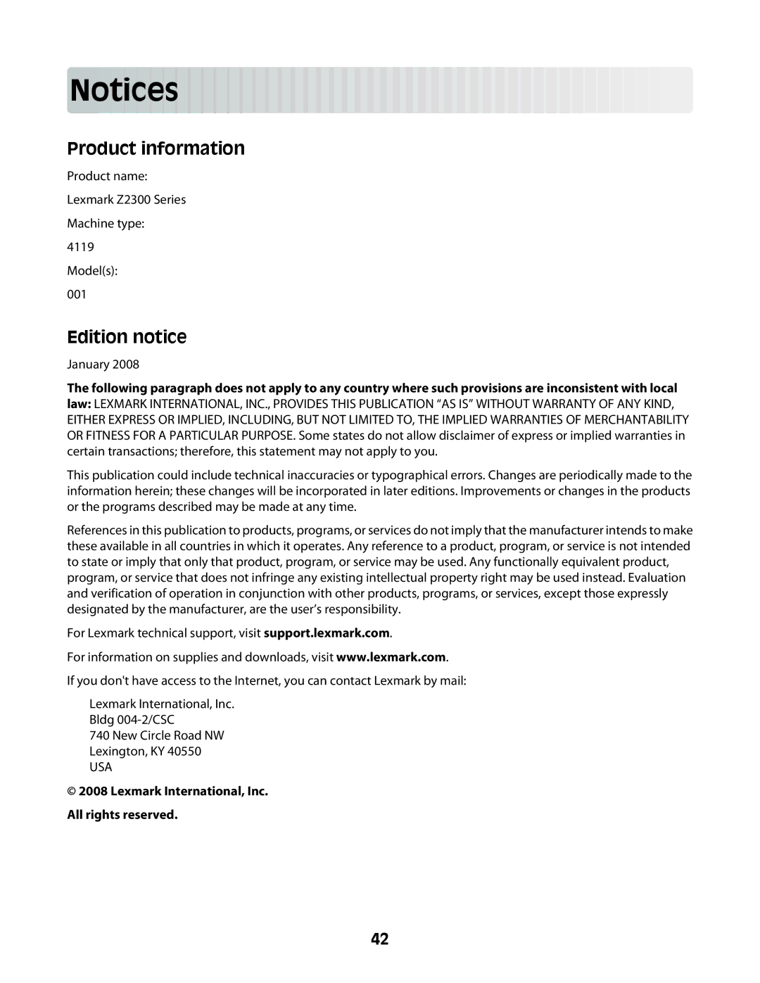 Lexmark Z2300 manual Edition notice, Lexmark International, Inc. All rights reserved 