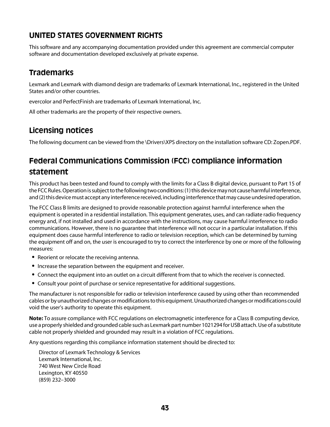 Lexmark Z2300 manual United States Government Rights 