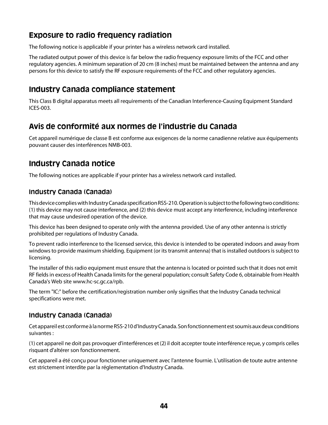 Lexmark Z2300 manual Exposure to radio frequency radiation, Industry Canada Canada 