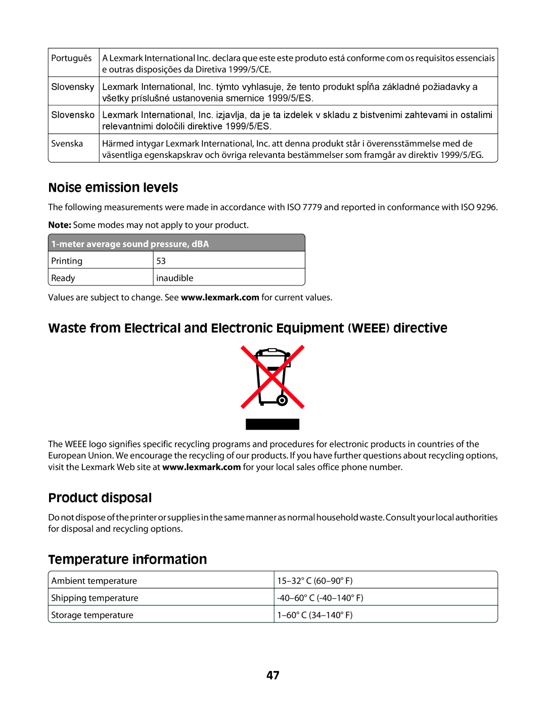 Lexmark Z2300 manual Noise emission levels 