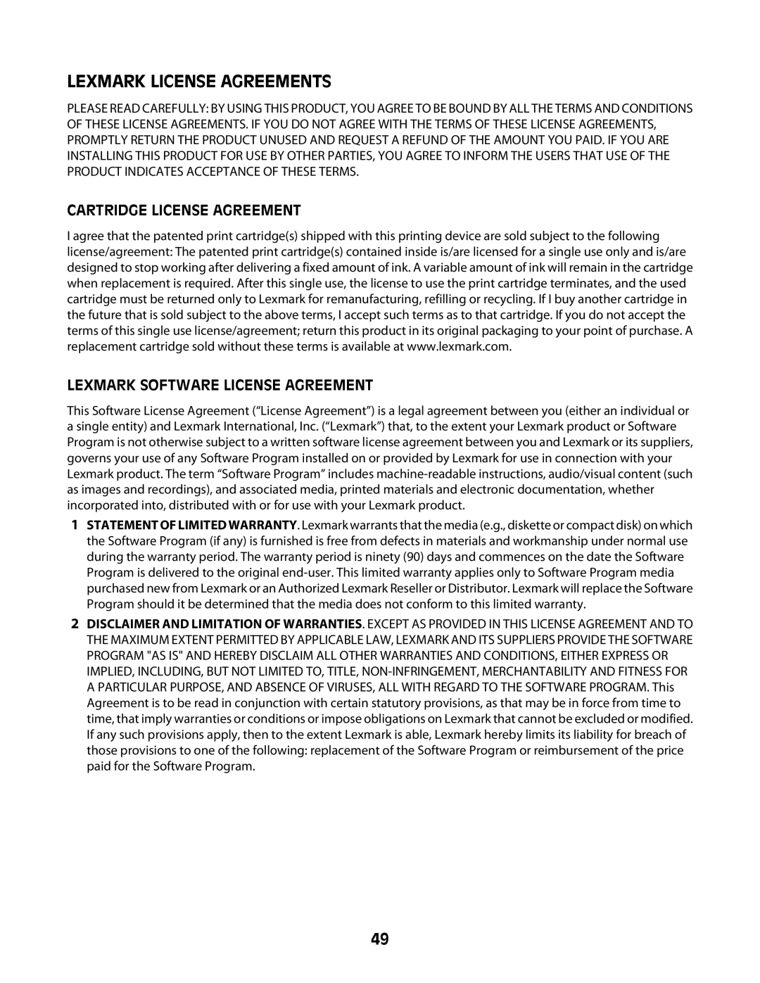 Lexmark Z2300 manual Lexmark License Agreements 