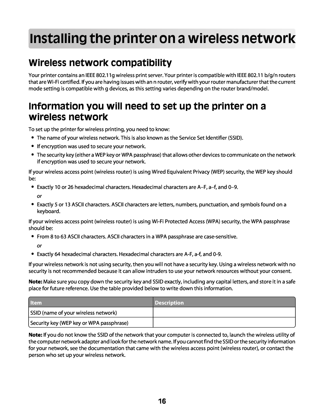 Lexmark Z2400 Series manual Installingtheprinteron awirelessnetwork, Wireless network compatibility, Description 