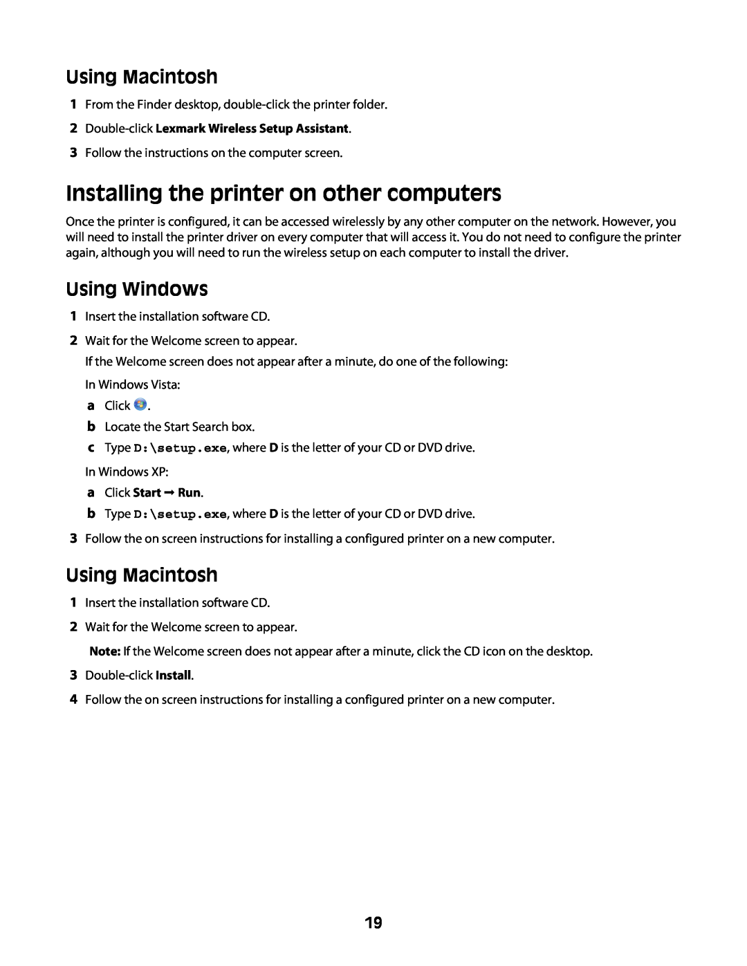 Lexmark Z2400 Series manual Installing the printer on other computers, Using Macintosh, Using Windows, a Click Start Œ Run 