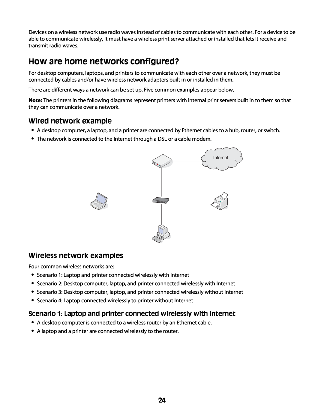 Lexmark Z2400 Series manual How are home networks configured?, Wired network example, Wireless network examples 