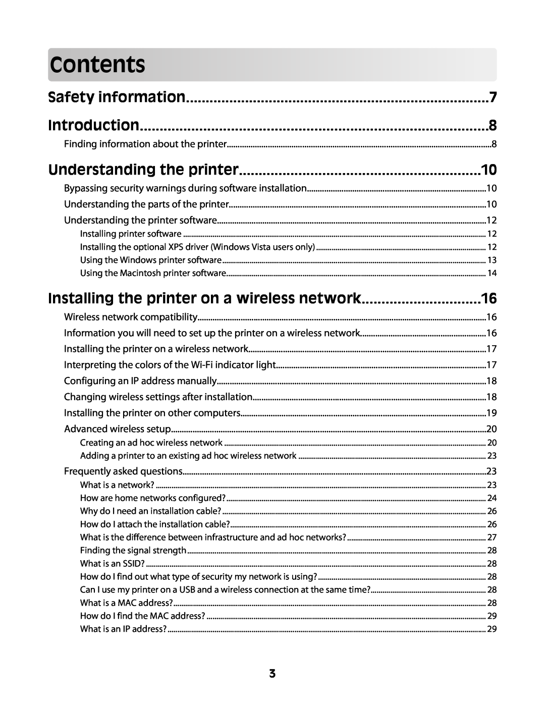 Lexmark Z2400 Series Contents, Safety information, Understanding the printer, Installing the printer on a wireless network 