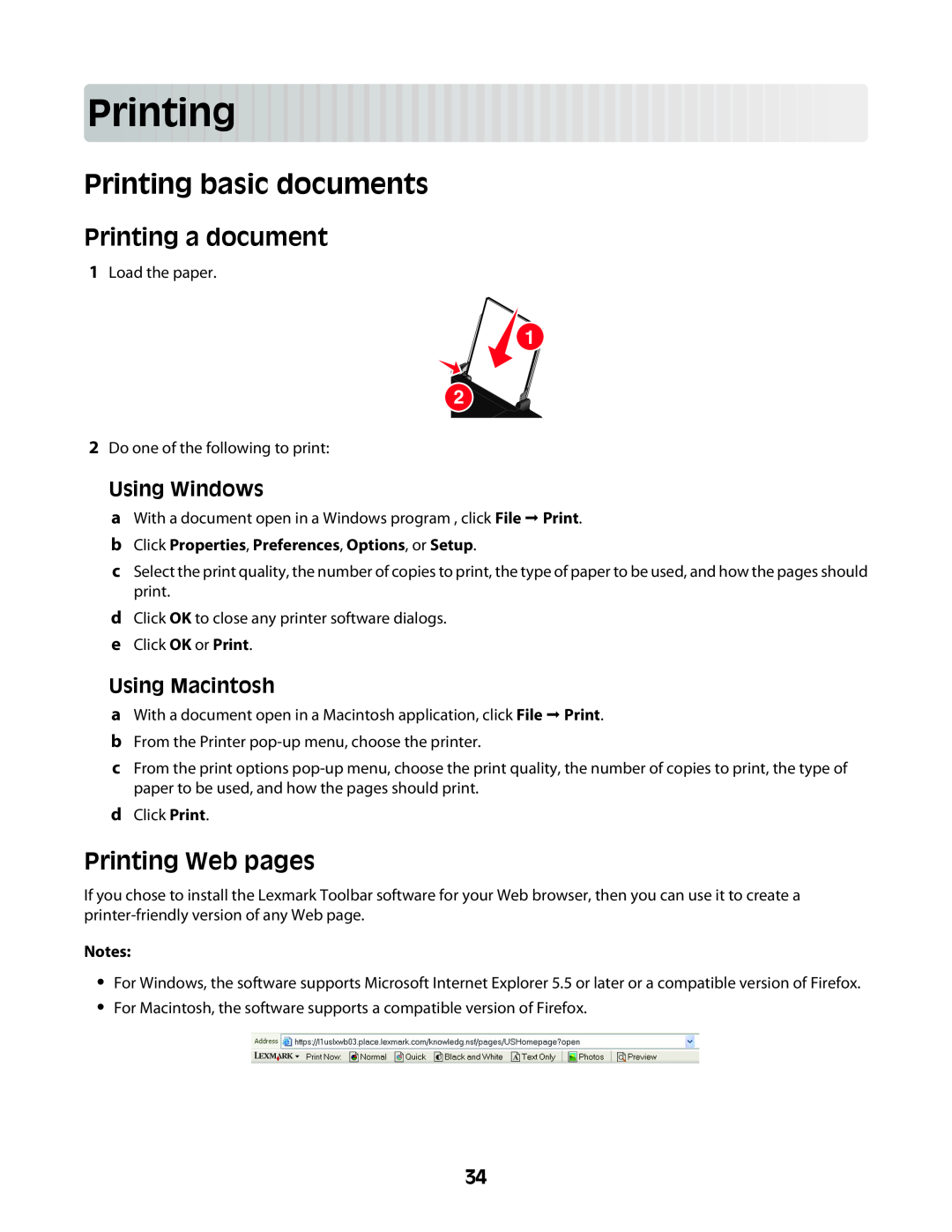 Lexmark Z2400 Series manual Prin ting, Printing basic documents, Printing a document, Printing Web pages, Using Windows 