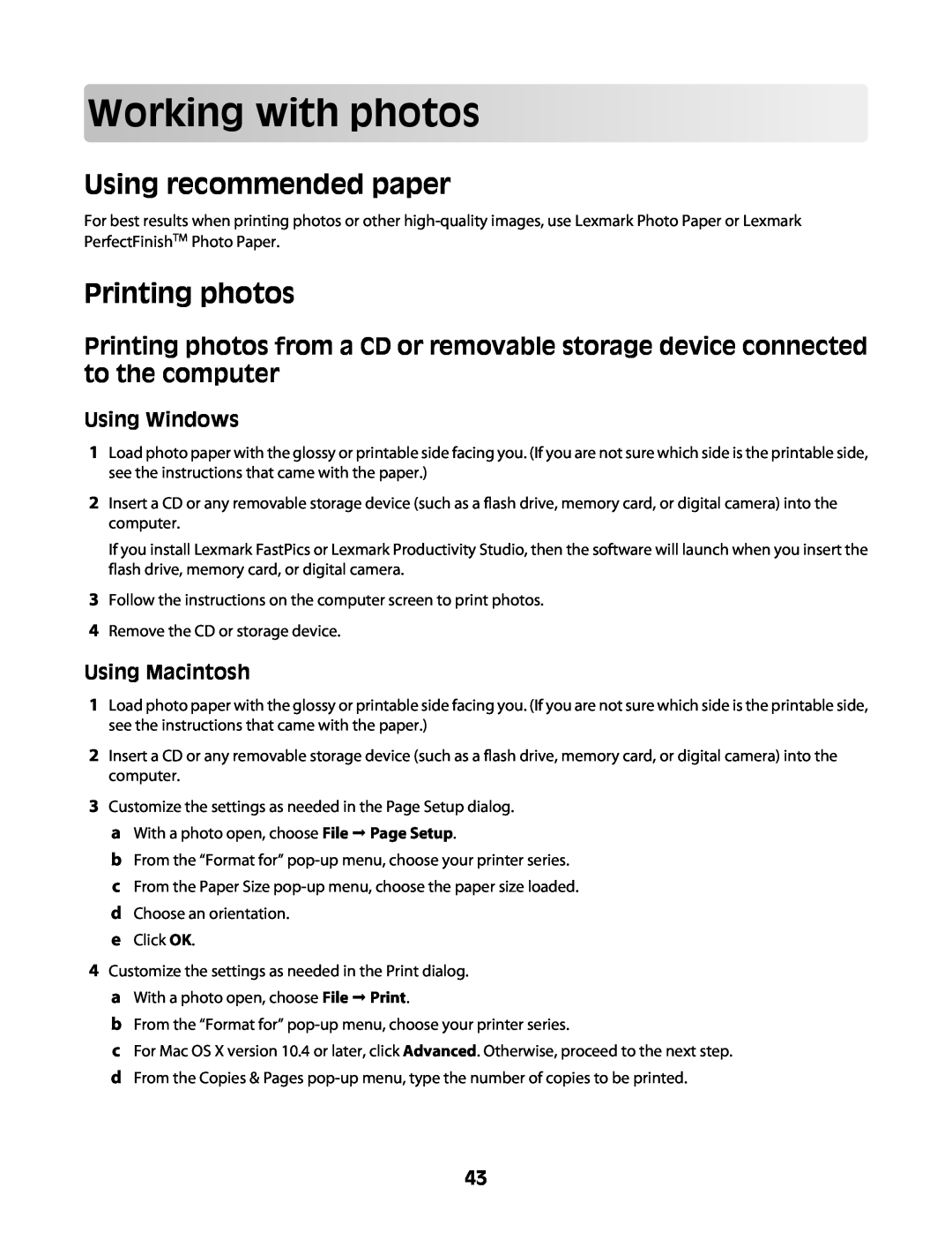 Lexmark Z2400 Series manual Workingwithphotos, Using recommended paper, Printing photos, Using Windows, Using Macintosh 