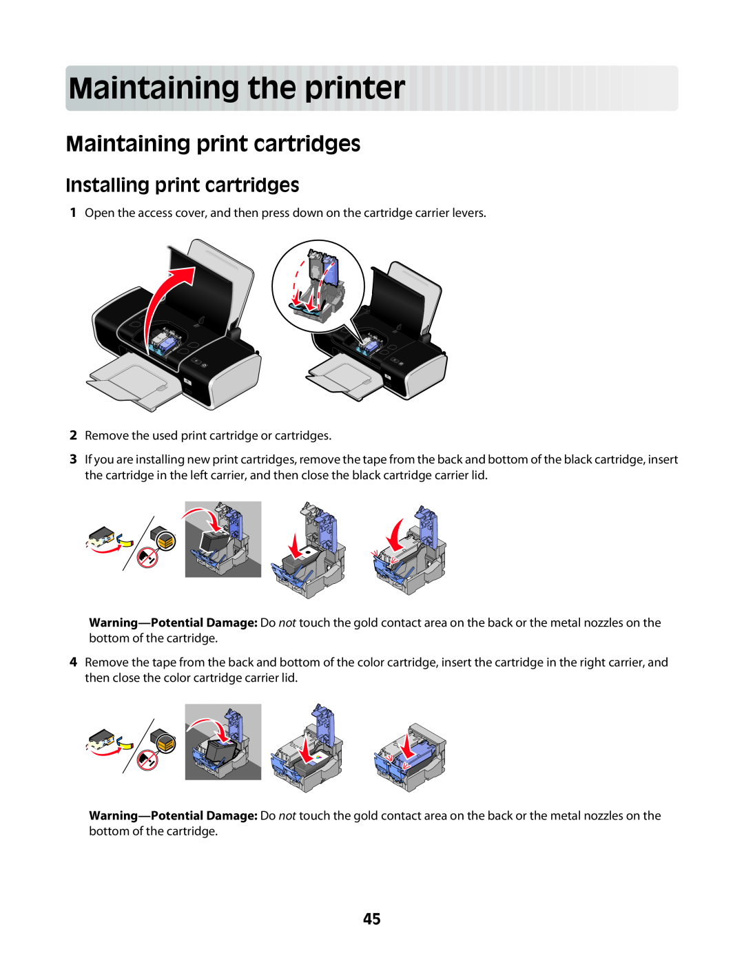 Lexmark Z2400 Series manual Maintainingtheprinter, Maintaining print cartridges, Installing print cartridges 