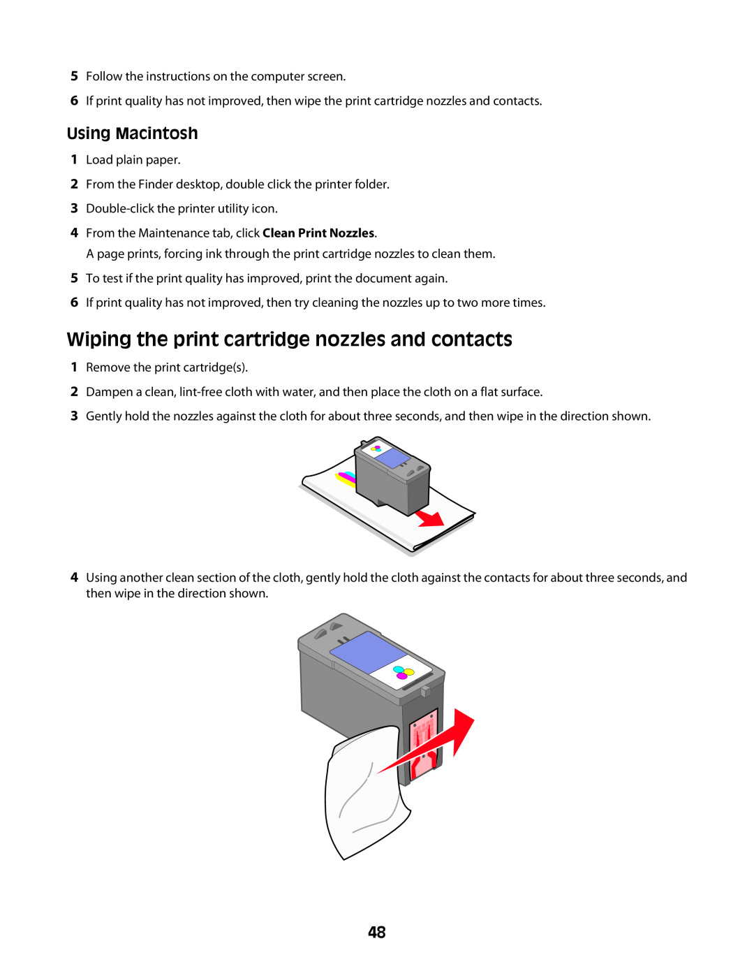 Lexmark Z2400 Series manual Wiping the print cartridge nozzles and contacts, Using Macintosh 