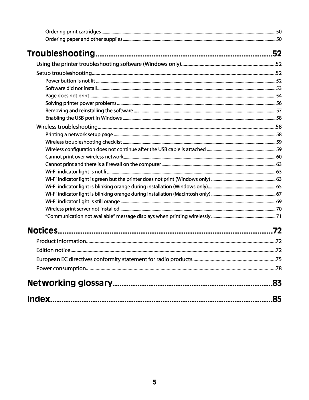 Lexmark Z2400 Series manual Troubleshooting, Networking glossary, Notices, Index 