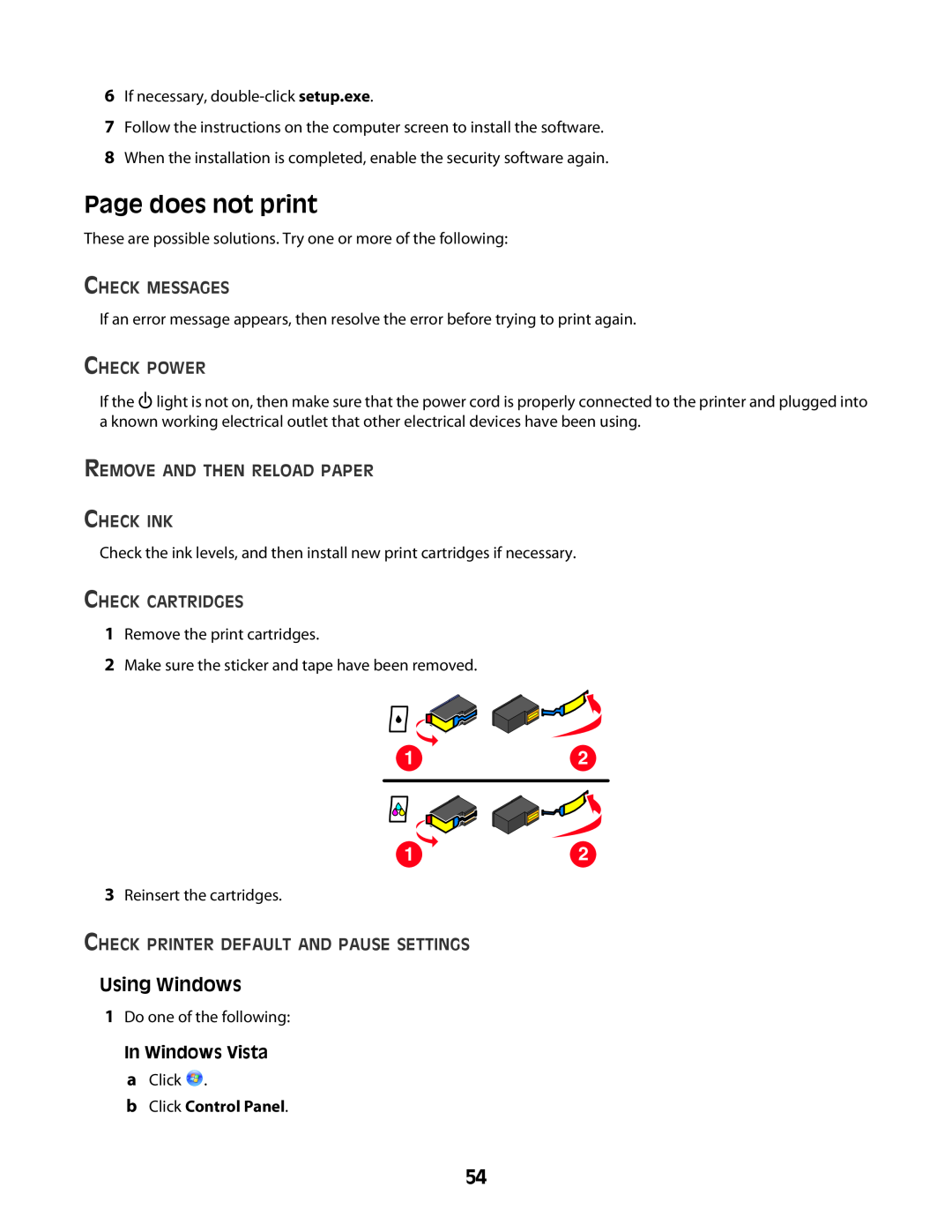 Lexmark Z2400 Series manual Page does not print, Check Messages, Check Power, Remove And Then Reload Paper Check Ink 