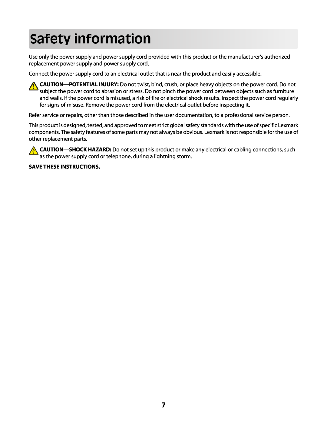 Lexmark Z2400 Series manual Safetyinformation, Save These Instructions 