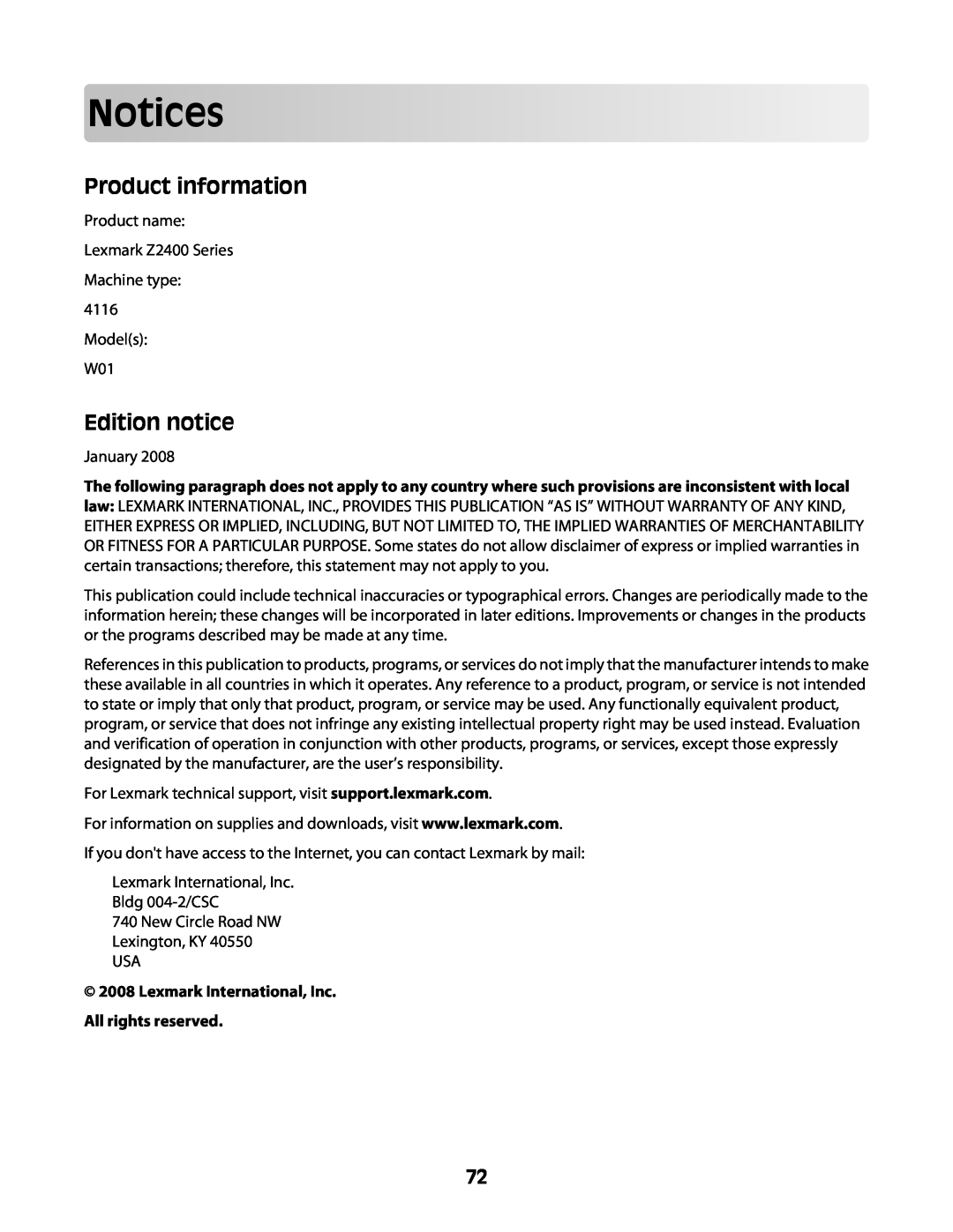 Lexmark Z2400 Series manual Notices, Product information, Edition notice, Lexmark International, Inc. All rights reserved 