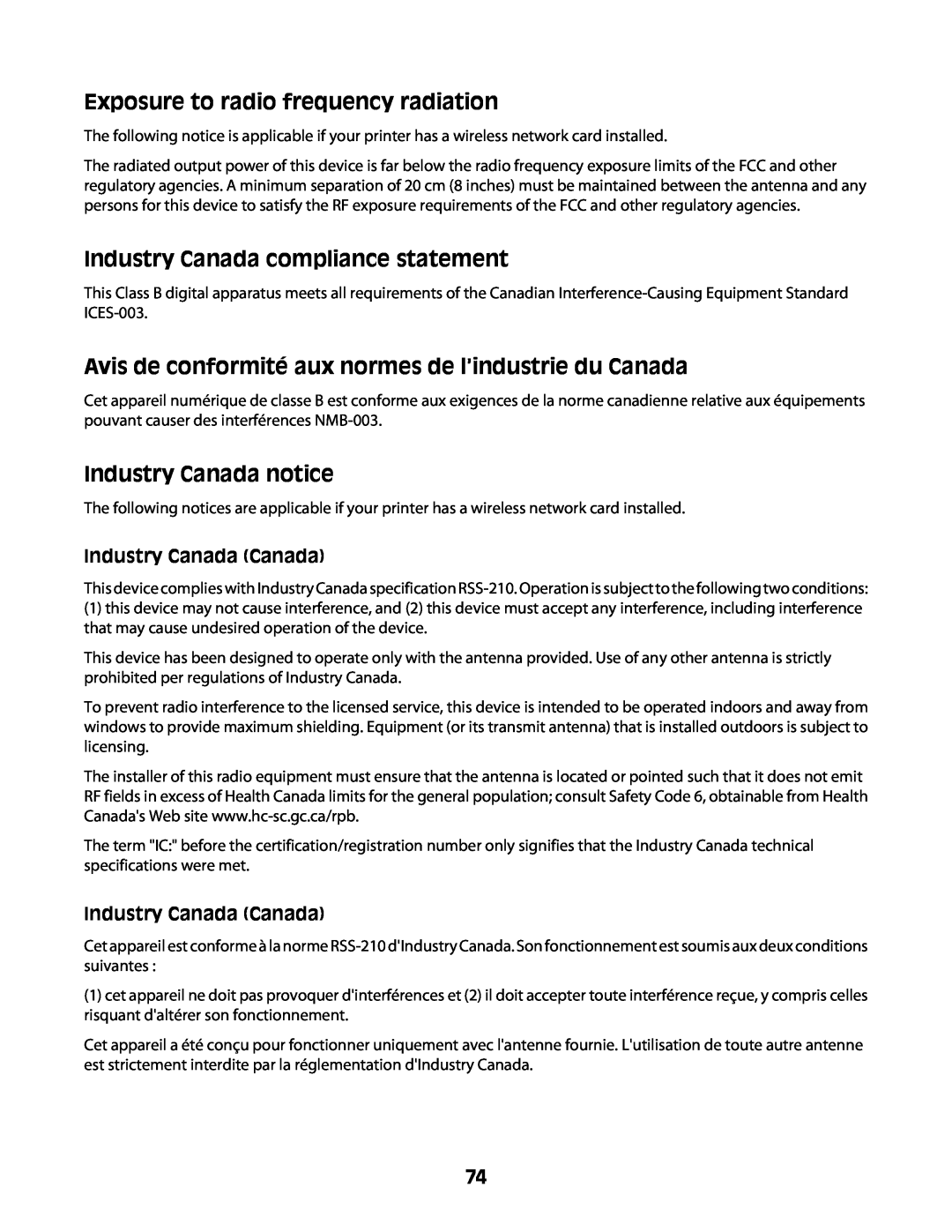 Lexmark Z2400 Series Exposure to radio frequency radiation, Industry Canada compliance statement, Industry Canada notice 