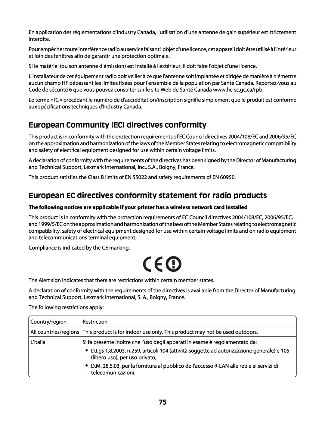 Lexmark Z2400 Series manual European Community EC directives conformity 