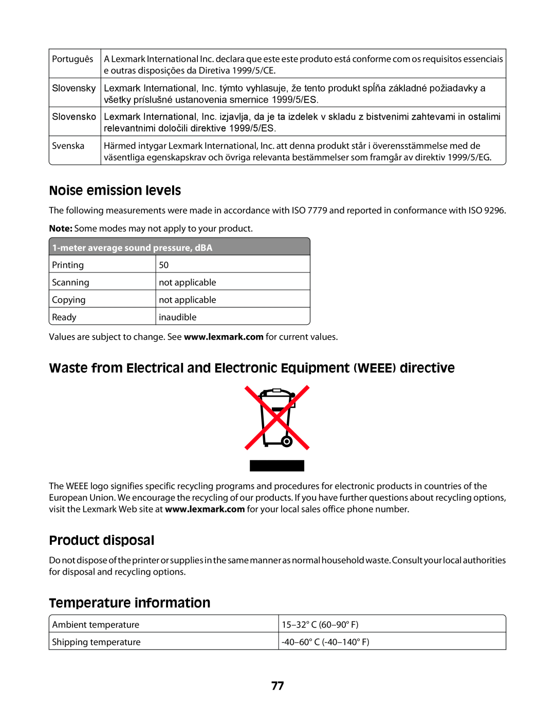 Lexmark Z2400 Series manual Noise emission levels, Waste from Electrical and Electronic Equipment WEEE directive 