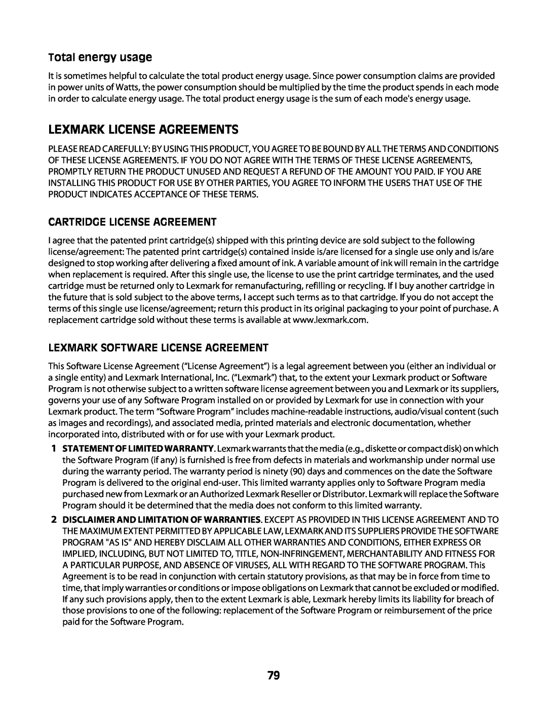Lexmark Z2400 Series manual Lexmark License Agreements, Total energy usage, Cartridge License Agreement 