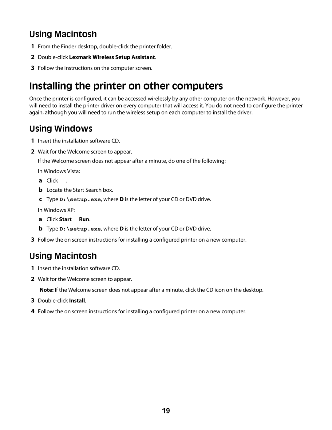 Lexmark Z2400 Series manual Installing the printer on other computers, Double-clickLexmark Wireless Setup Assistant 