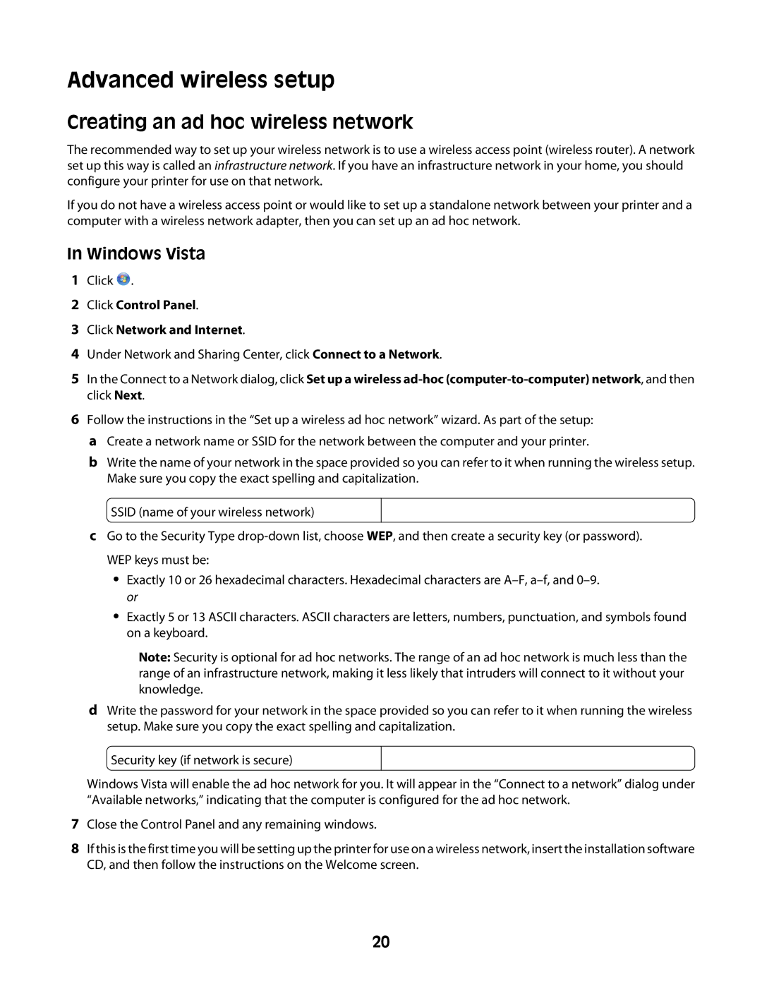 Lexmark Z2400 Series manual Advanced wireless setup, Creating an ad hoc wireless network, Windows Vista 