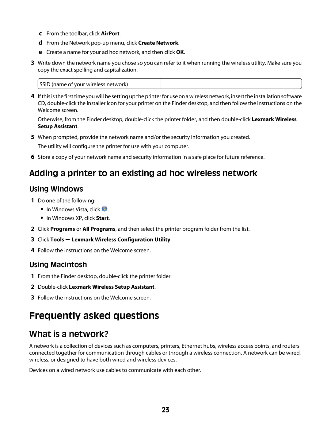 Lexmark Z2400 Series manual Frequently asked questions, Adding a printer to an existing ad hoc wireless network 