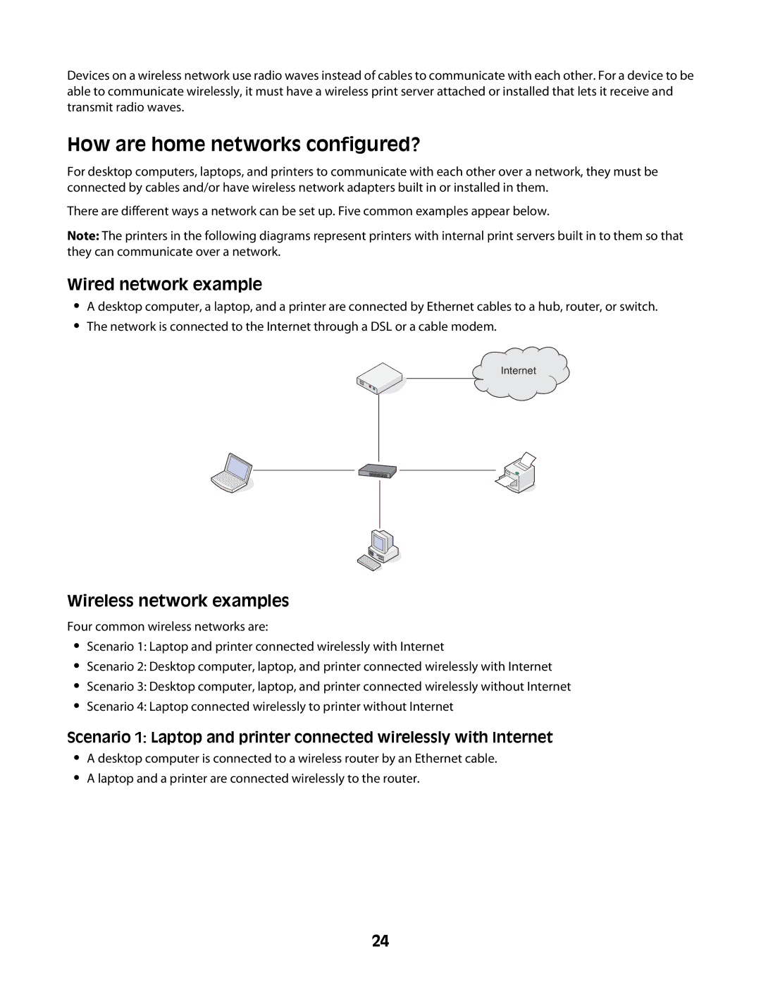 Lexmark Z2400 Series manual How are home networks configured?, Wired network example, Wireless network examples 