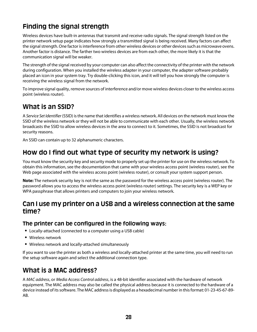 Lexmark Z2400 Series manual Finding the signal strength, What is an SSID?, What is a MAC address? 