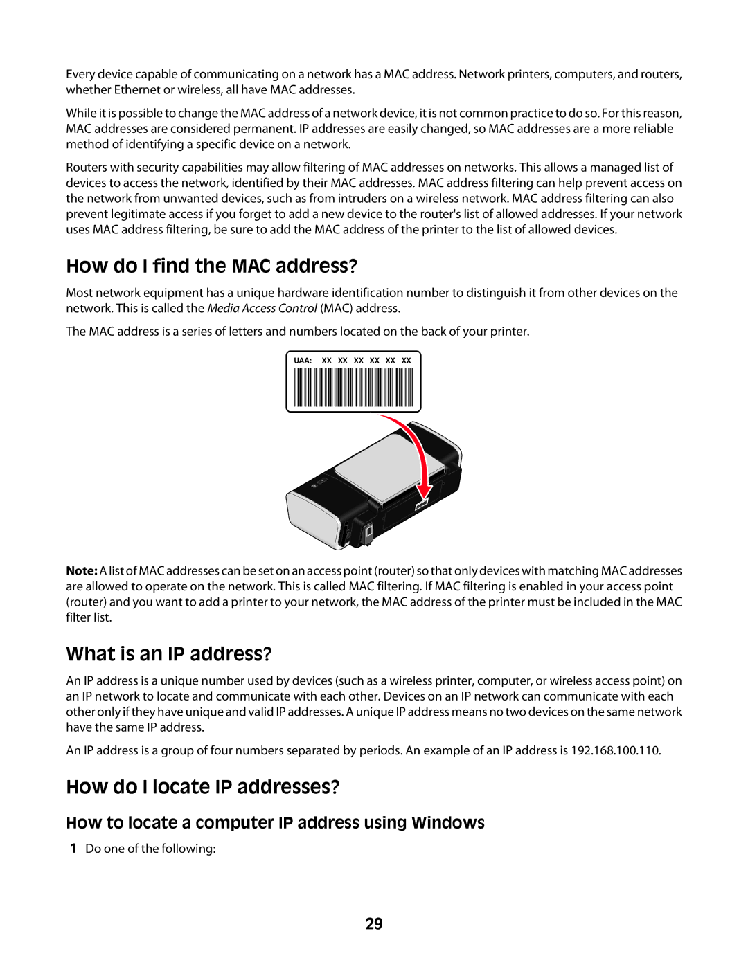 Lexmark Z2400 Series manual How do I find the MAC address?, What is an IP address?, How do I locate IP addresses? 