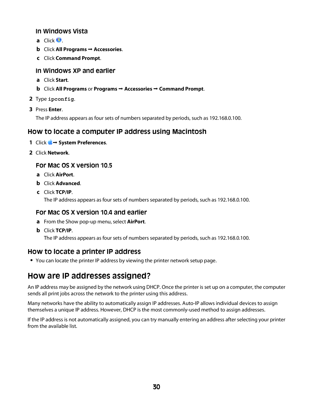 Lexmark Z2400 Series How are IP addresses assigned?, How to locate a computer IP address using Macintosh, Windows Vista 