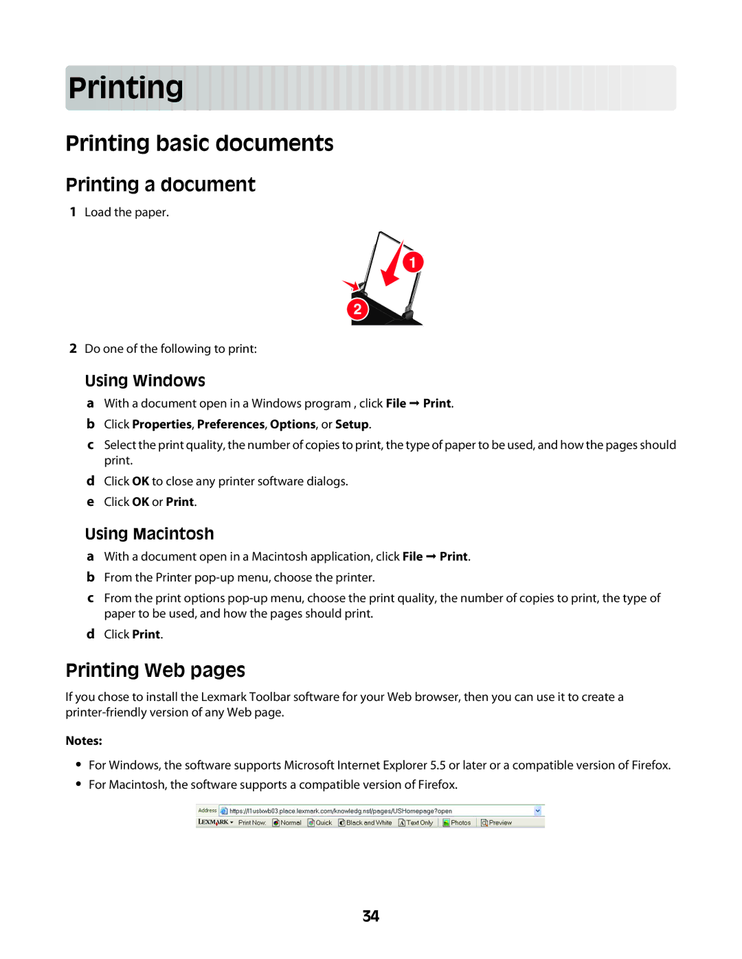 Lexmark Z2400 Series manual Prin ting, Printing basic documents, Printing a document, Printing Web pages 