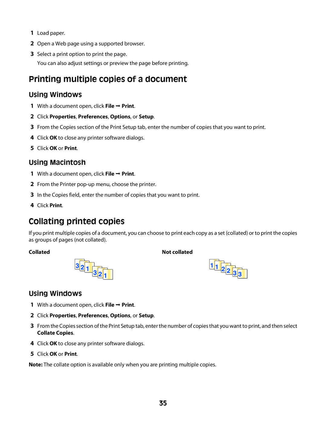 Lexmark Z2400 Series manual Printing multiple copies of a document, Collating printed copies, Collated 