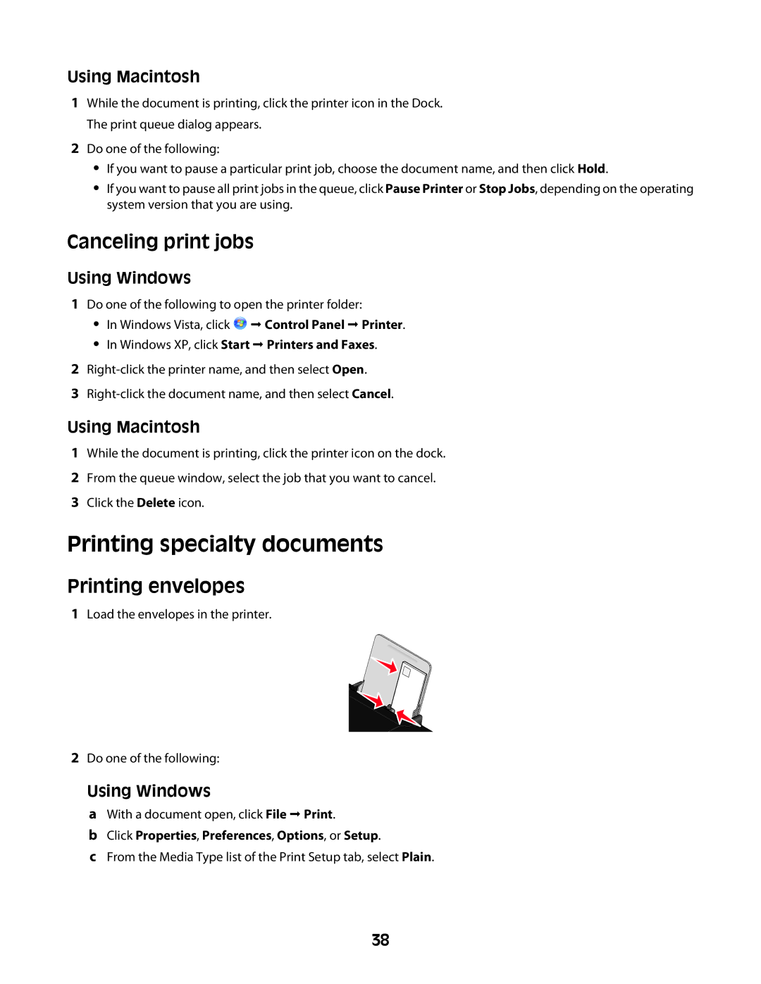 Lexmark Z2400 Series manual Printing specialty documents, Canceling print jobs, Printing envelopes 