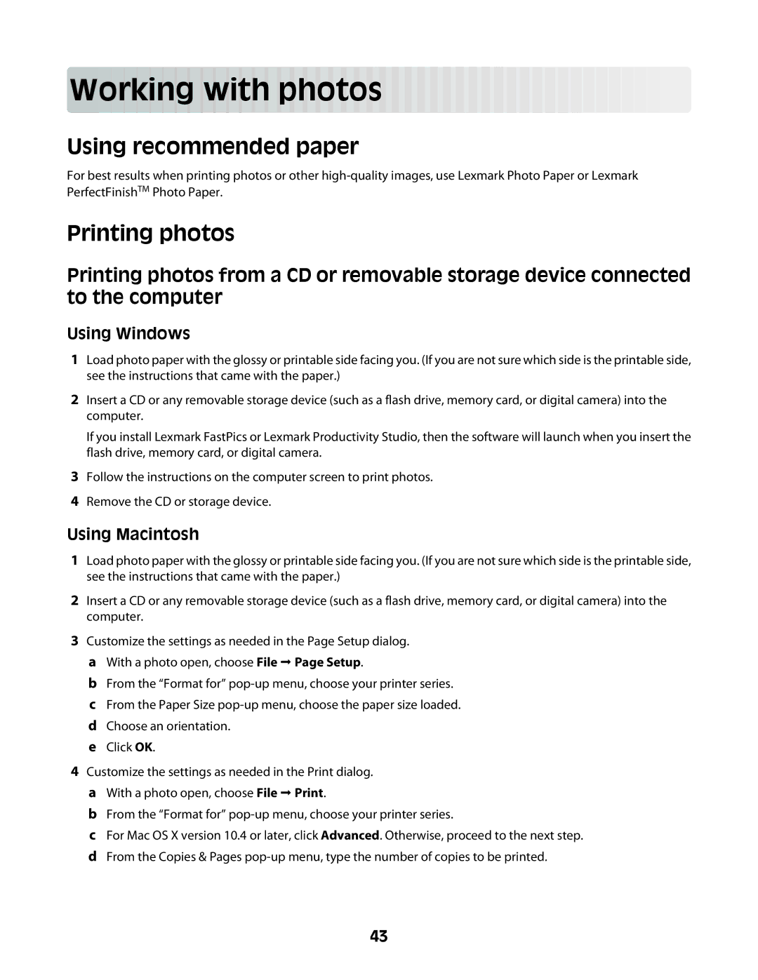 Lexmark Z2400 Series manual Working with p ho tos, Using recommended paper, Printing photos 