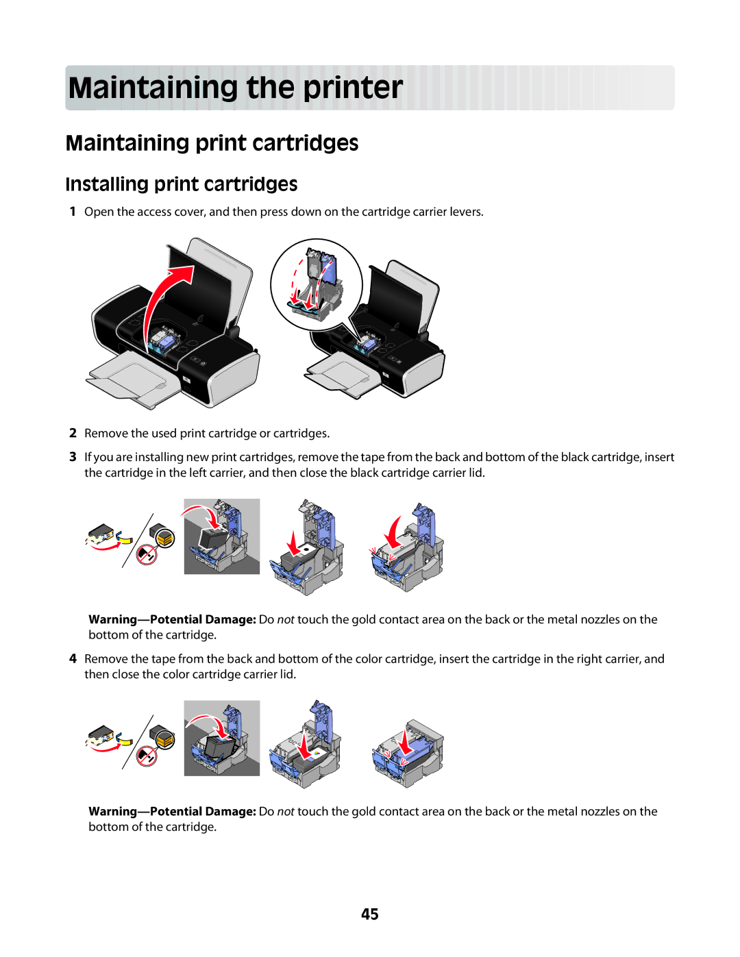 Lexmark Z2400 Series manual Main taining th e prin t er, Maintaining print cartridges, Installing print cartridges 