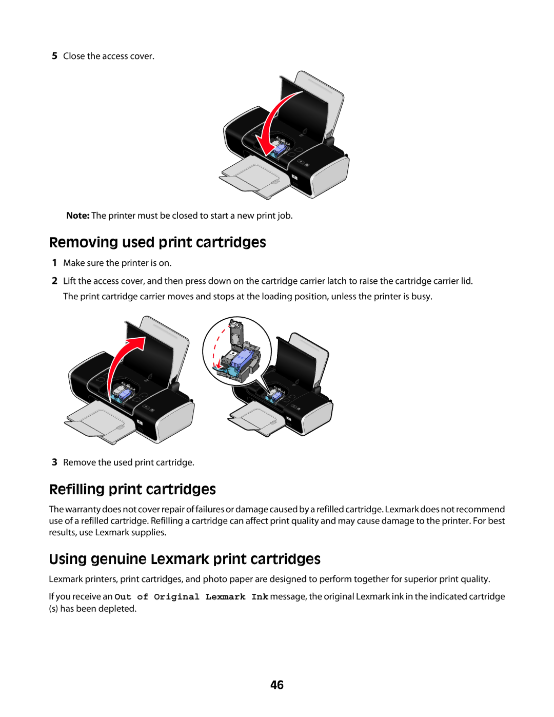 Lexmark Z2400 Series Removing used print cartridges, Refilling print cartridges, Using genuine Lexmark print cartridges 